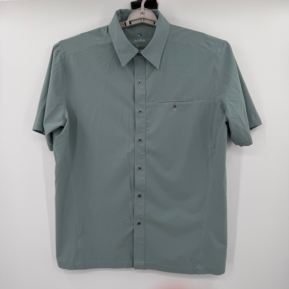 Kuhl Tufflex Mens Large Short Sleeve Button Down Shirt Sage Green Gray Hiking